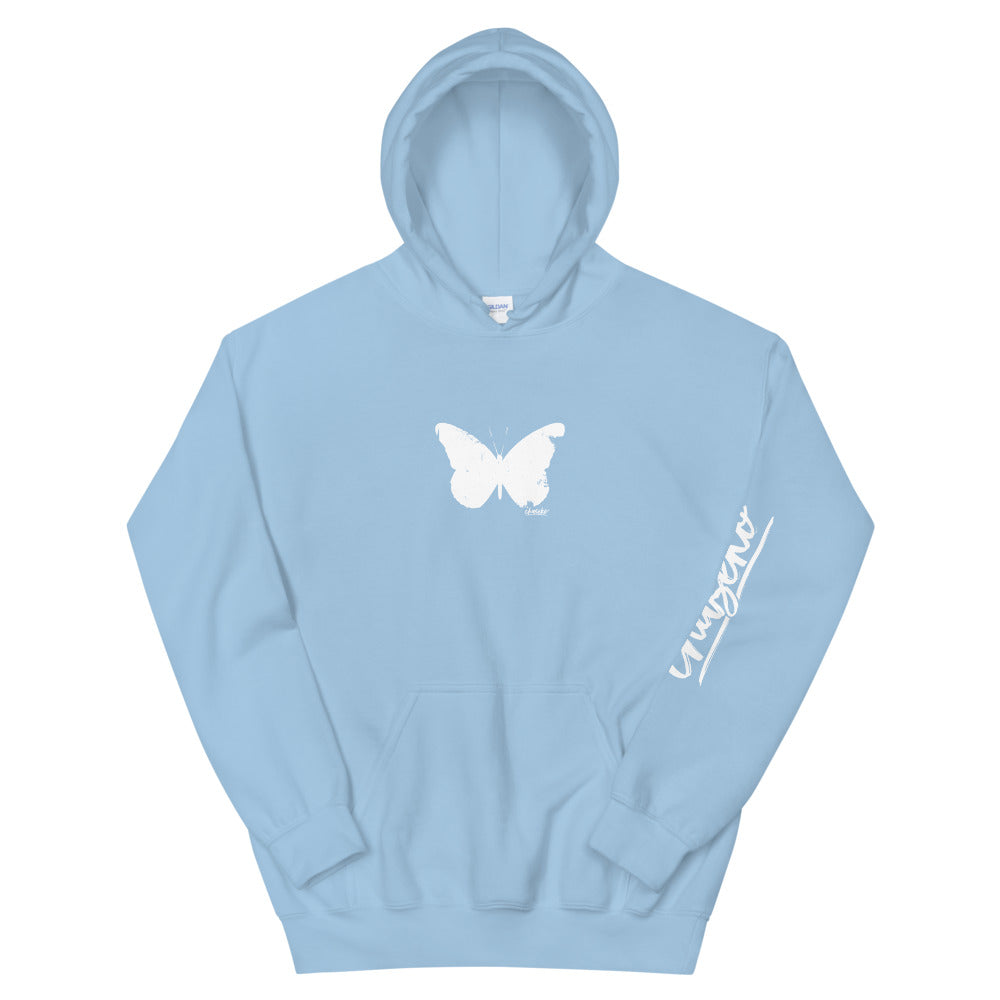 white hoodie with blue butterfly