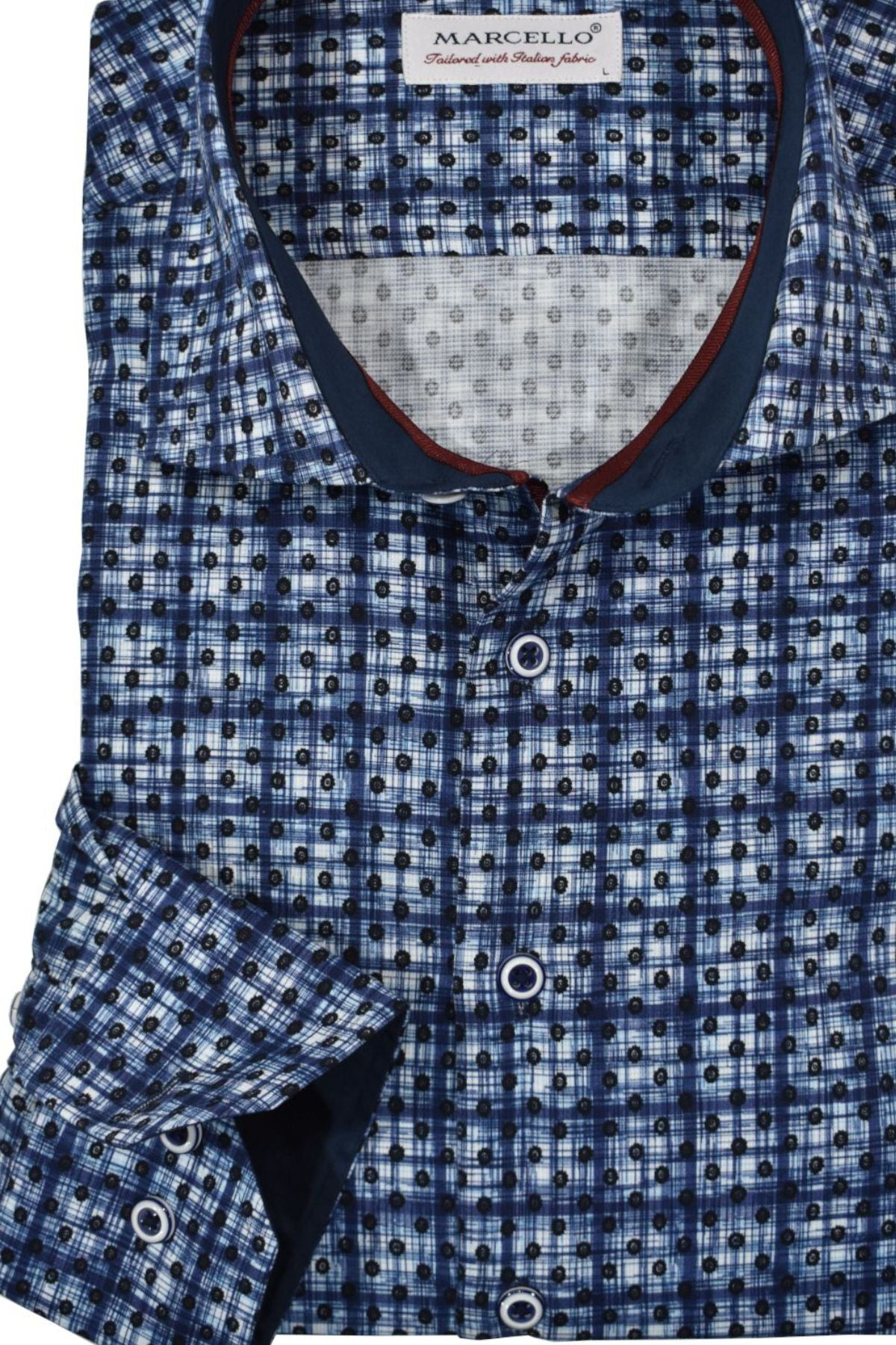 Looking for a cool shirt to pair with any color denims? This is an excellent choice. The white ground with a brushed window pane pattern has random matched dots allover. The cool pattern looks great worn out with the sleeves rolled up.  The fabric is soft to the touch, consisting of luxe cotton and a sateen finish.