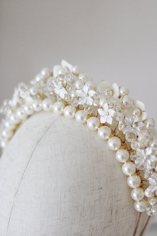 handcrafted flower and pearl wedding crown by megan therese