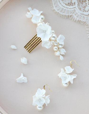bridal clay flower headpiece and earring set by megan therese