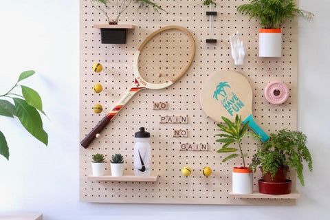 Pegboard and wall shelf