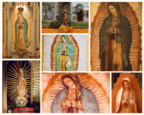 Un montaje de diversas representaciones artísticas de Nuestra Señora de Guadalupe.