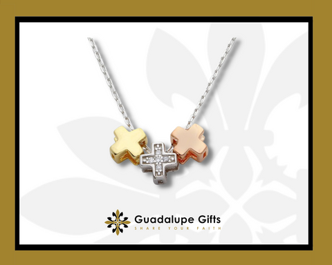 Gold-Plated Silver 3-Tone Cross Charm Necklace