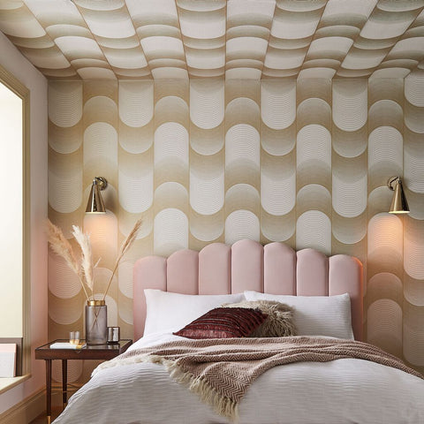 Gorgeous contemporary art deco wallpaper on the wall and ceiling of a master bedroom