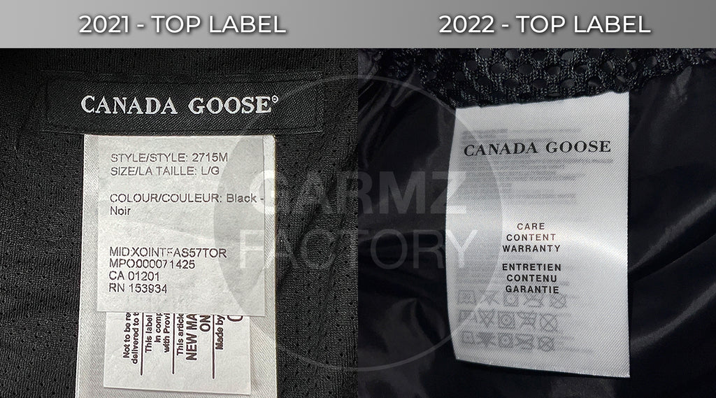 Canada Goose 2021 wash labels versus 2022 side by side comparison