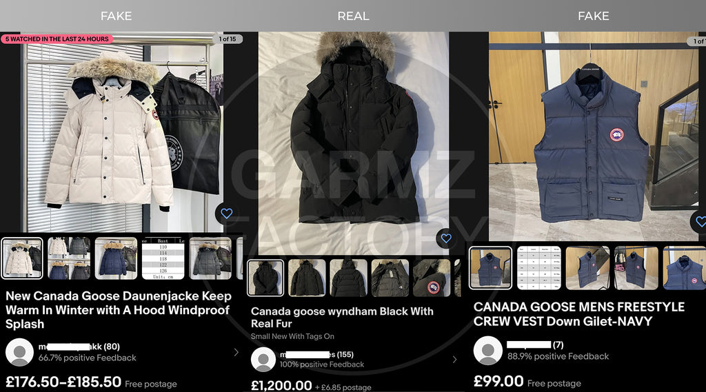 1 real Canada Goose Jacket between 2 fake canada goose jackets