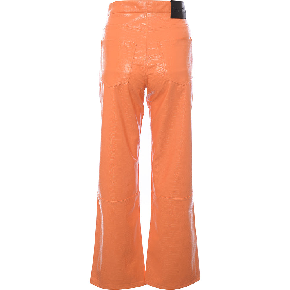 Bershka Women's Orange Croc Effect Faux Leather Straight Leg Trousers