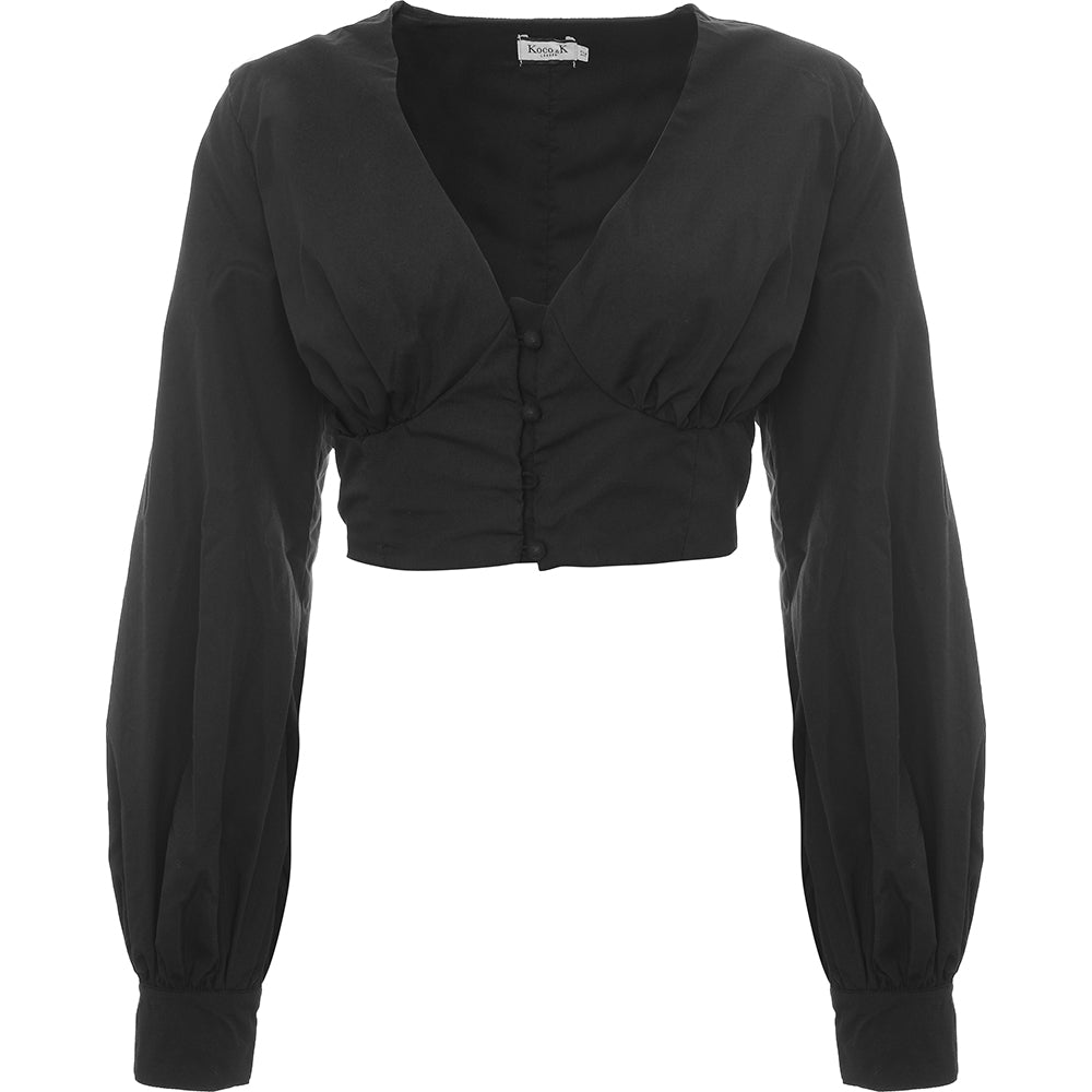 Koco & K Women's Black Volume Sleeve Crop Top