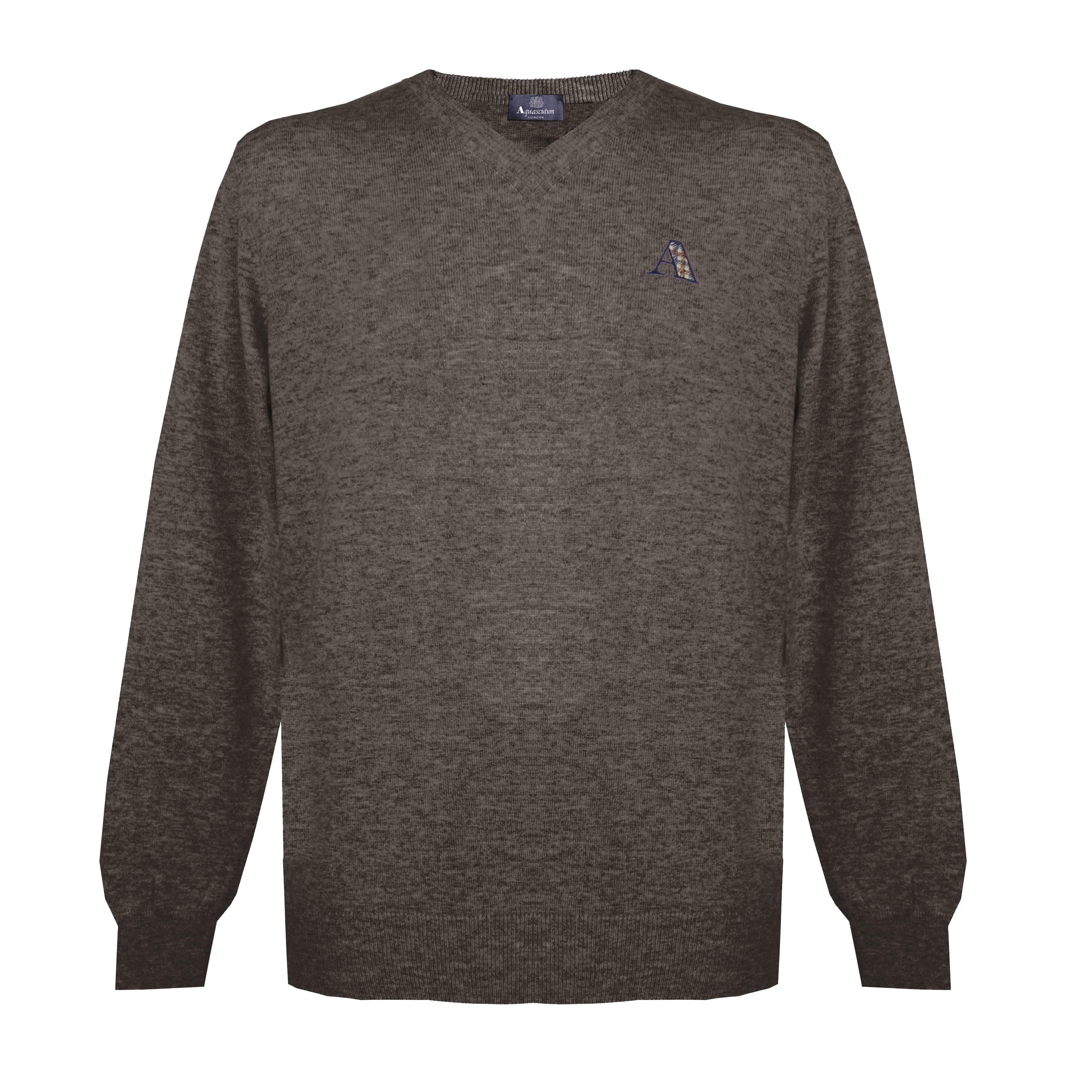 Aquascutum Mens Long Sleeved/V-Neck Knitwear Jumper with Logo in Grey/Brown