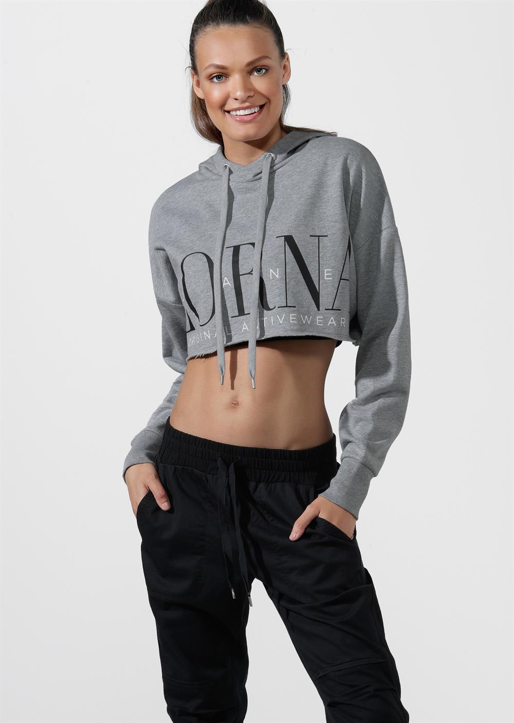 Lorna Jane LJ Cut Off Cropped Hoodie in Mid Grey Marl