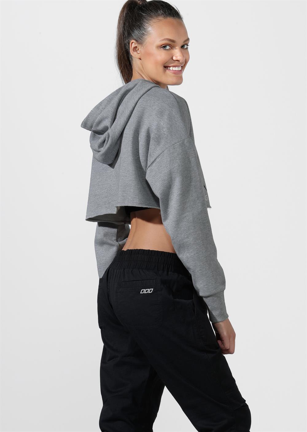 Lorna Jane LJ Cut Off Cropped Hoodie in Mid Grey Marl