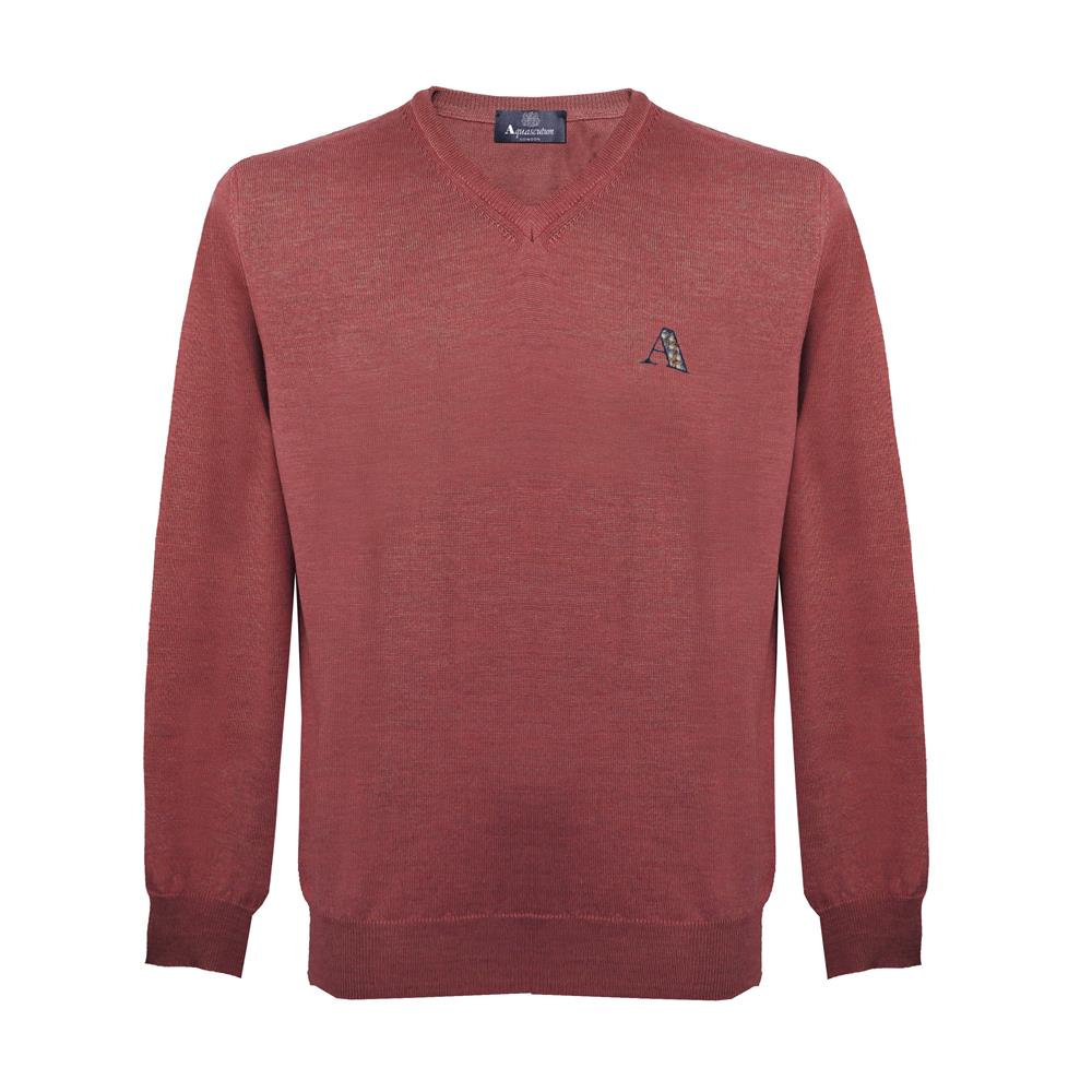 Aquascutum Mens Long Sleeved/V-Neck Knitwear Jumper with Logo in Dark Orange