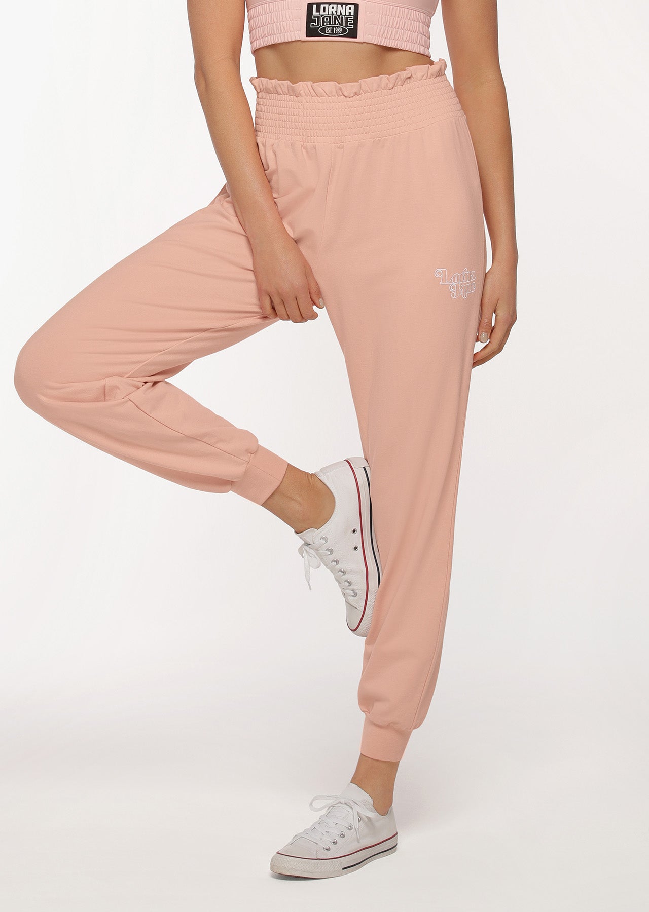 Lorna Jane Sunlight Shirred Lounge Jogging Bottoms in Ballerina Pink