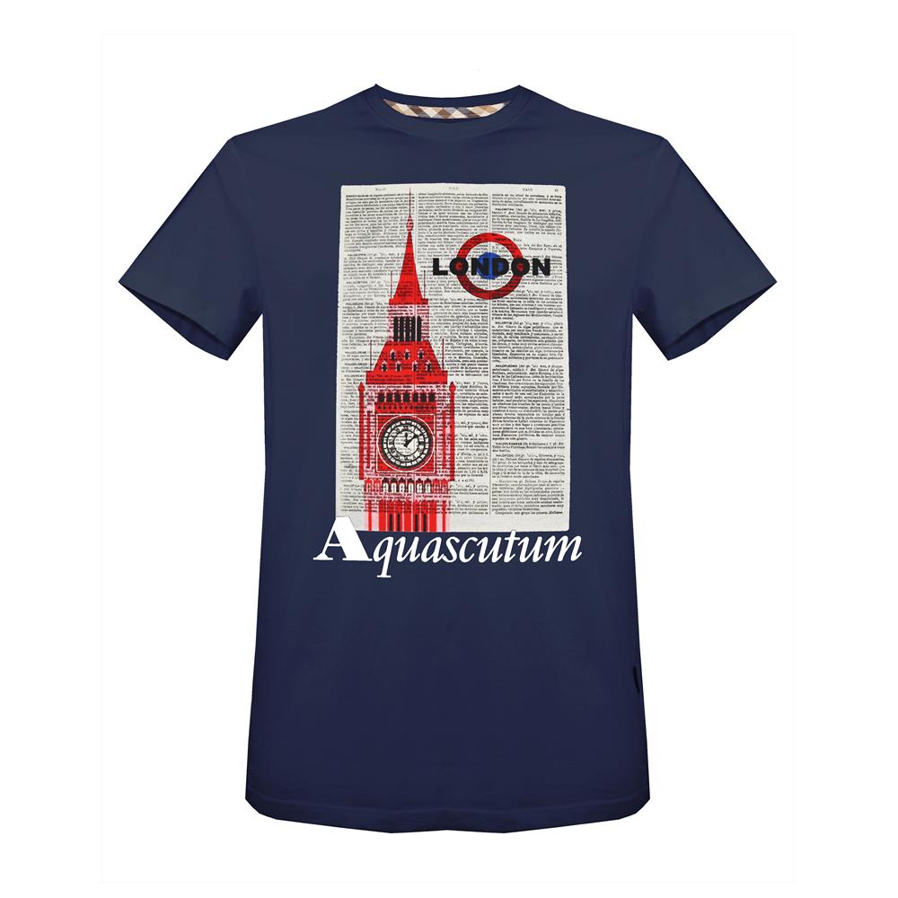 Aquascutum Mens T-Shirt with Big Ben Design in Navy