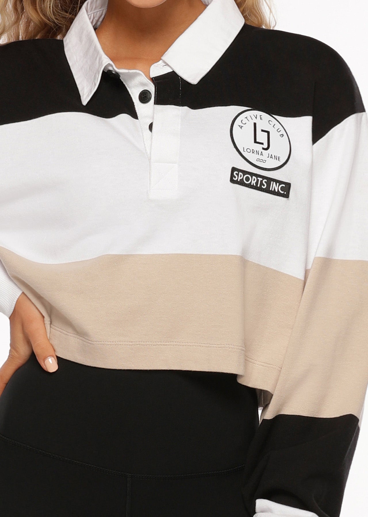 Lorna Jane Team LJ Rugby Top in Black Stripe