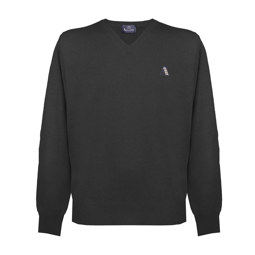 Aquascutum Mens Long Sleeved/V-Neck Knitwear Jumper with Logo in Black