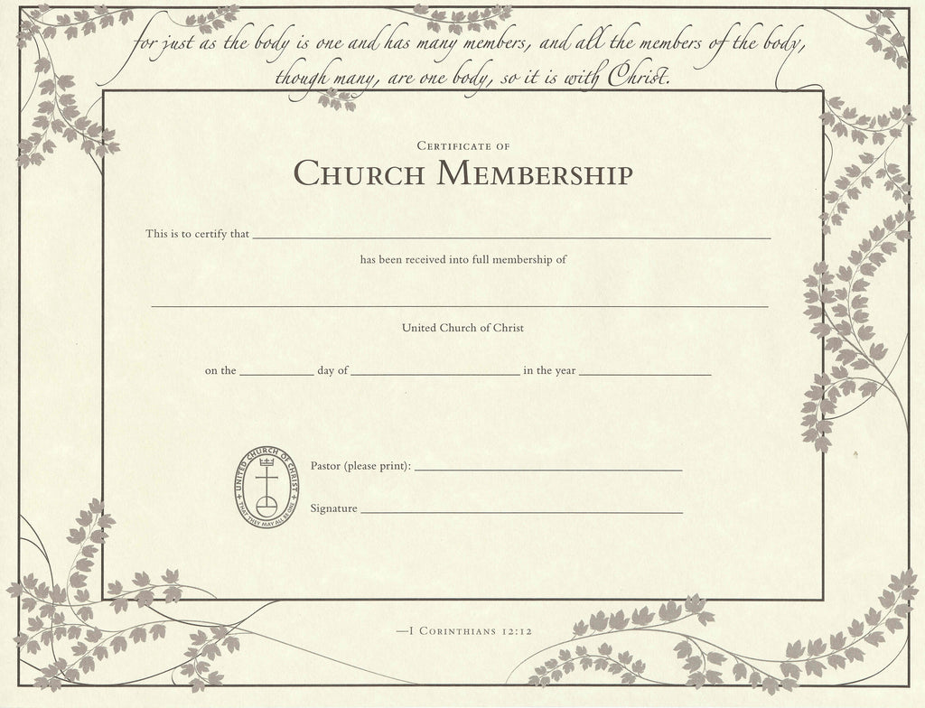 United Church of Christ Church Membership Certificate Single Sheet