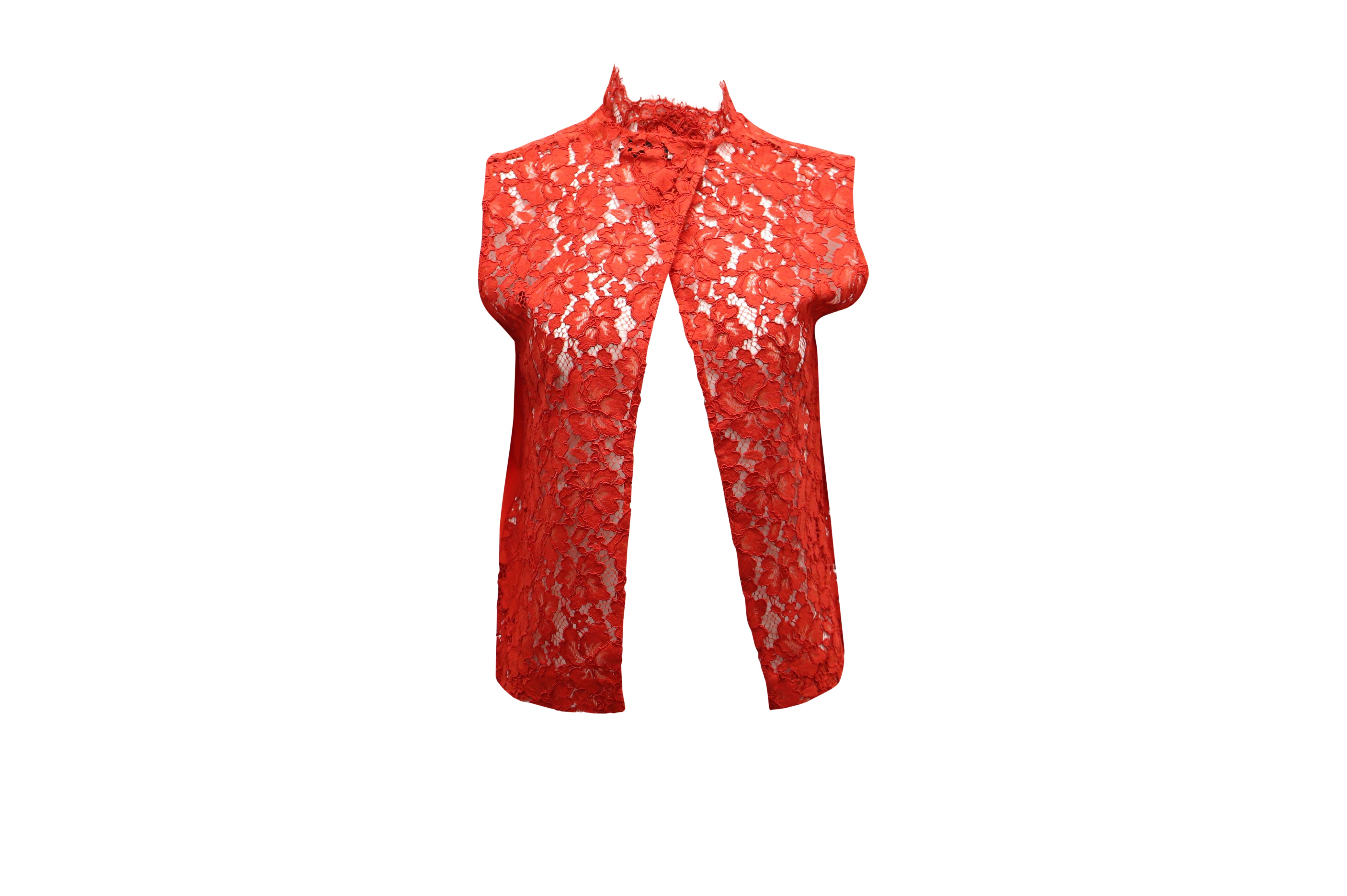 Image of Sandro Paris Sleeveless Lace Blouse in Red Silk