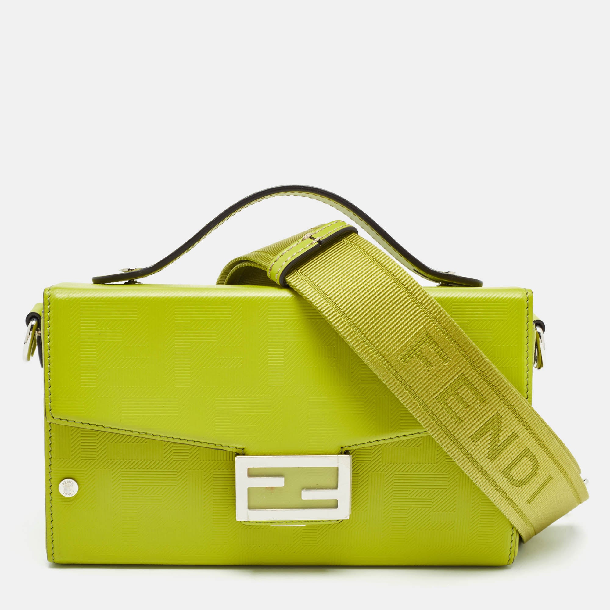 Image of Fendi Green Ff Embossed Leather Soft Baguette Trunk Bag