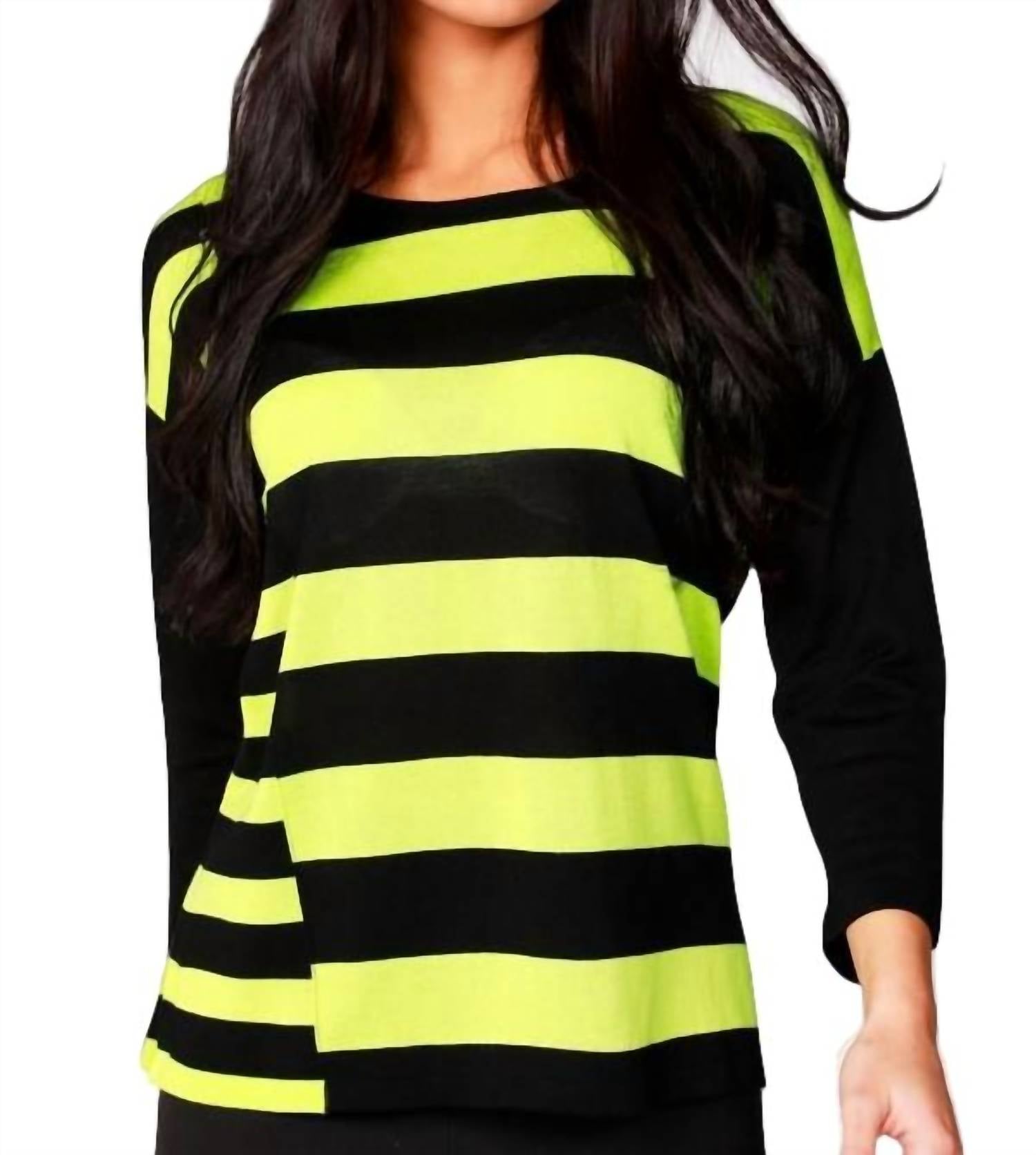 Shop Angel 3/4 Sleeve Stripe Scoop Neck Sweater In Black/kiwi In Yellow