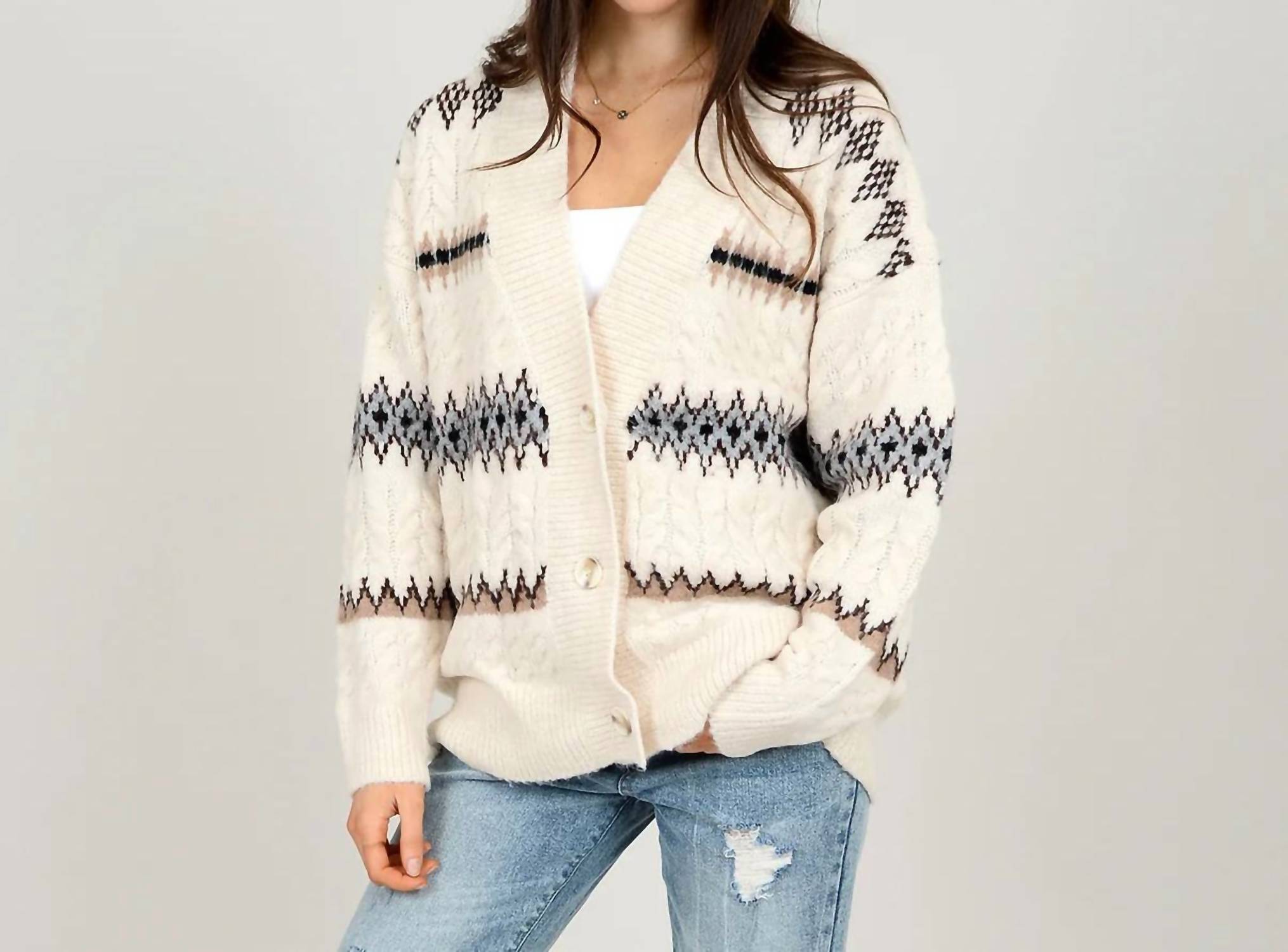 Rd Style Anne Long Sleeve V-neck Cardigan In White