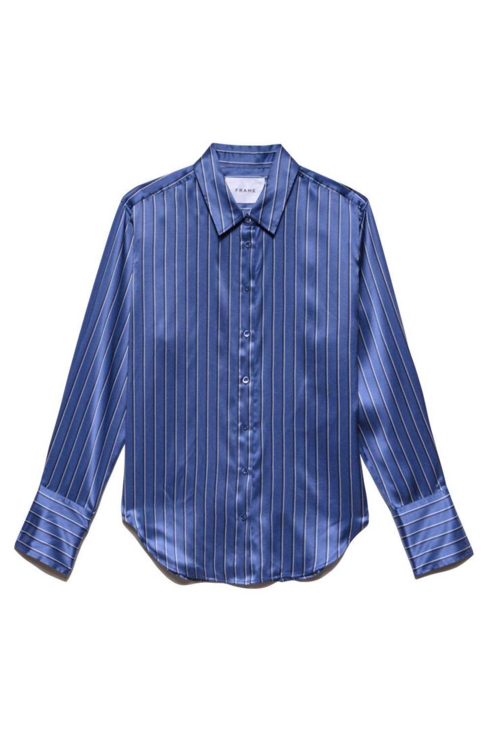 Shop Frame The Standard Striped Silk Shirt In Slate Blue