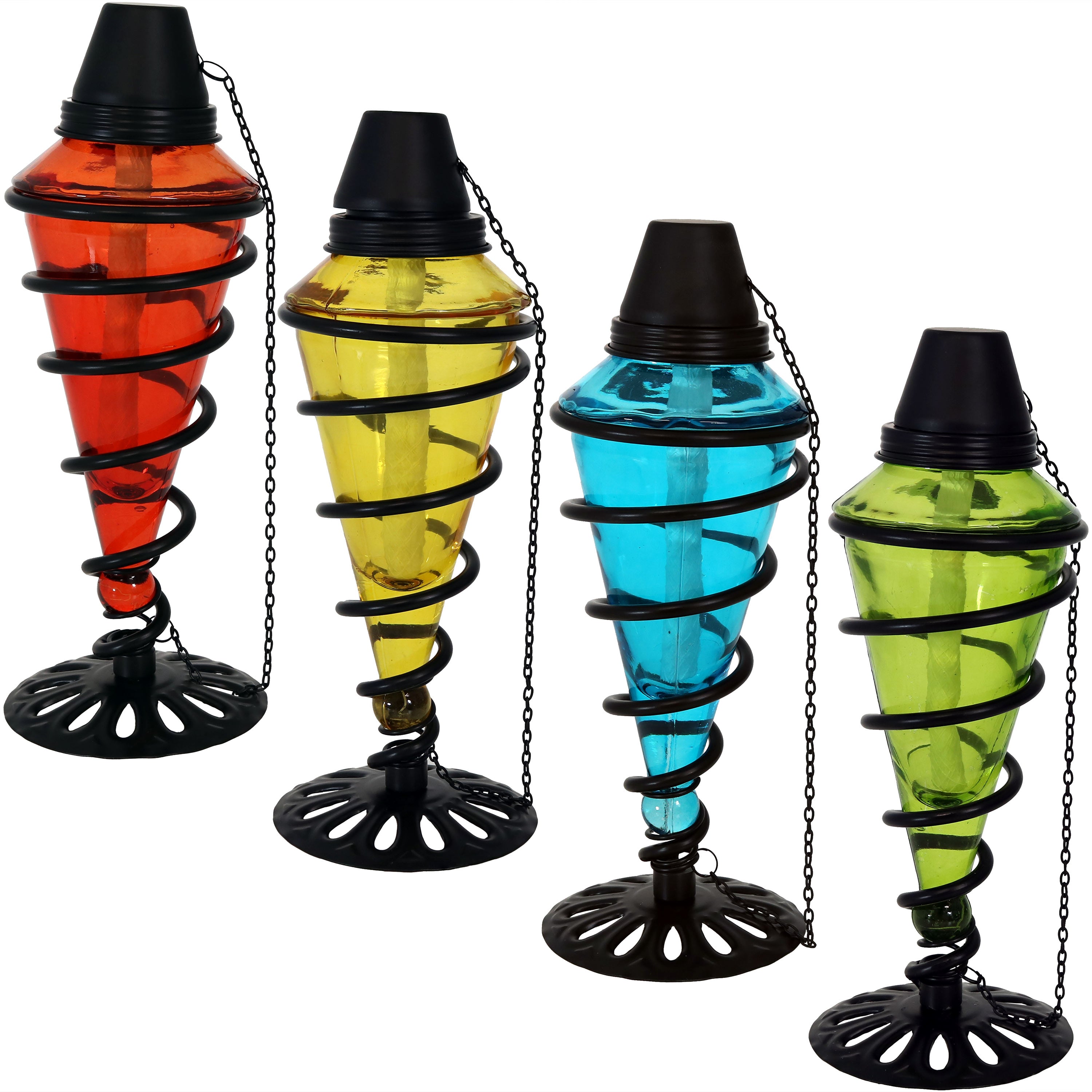 Sunnydaze Outdoor Tabletop Glass and Metal Swirl Patio Table and Lawn Torch Set - Blue, Red, Green, and Yellow - 4pc