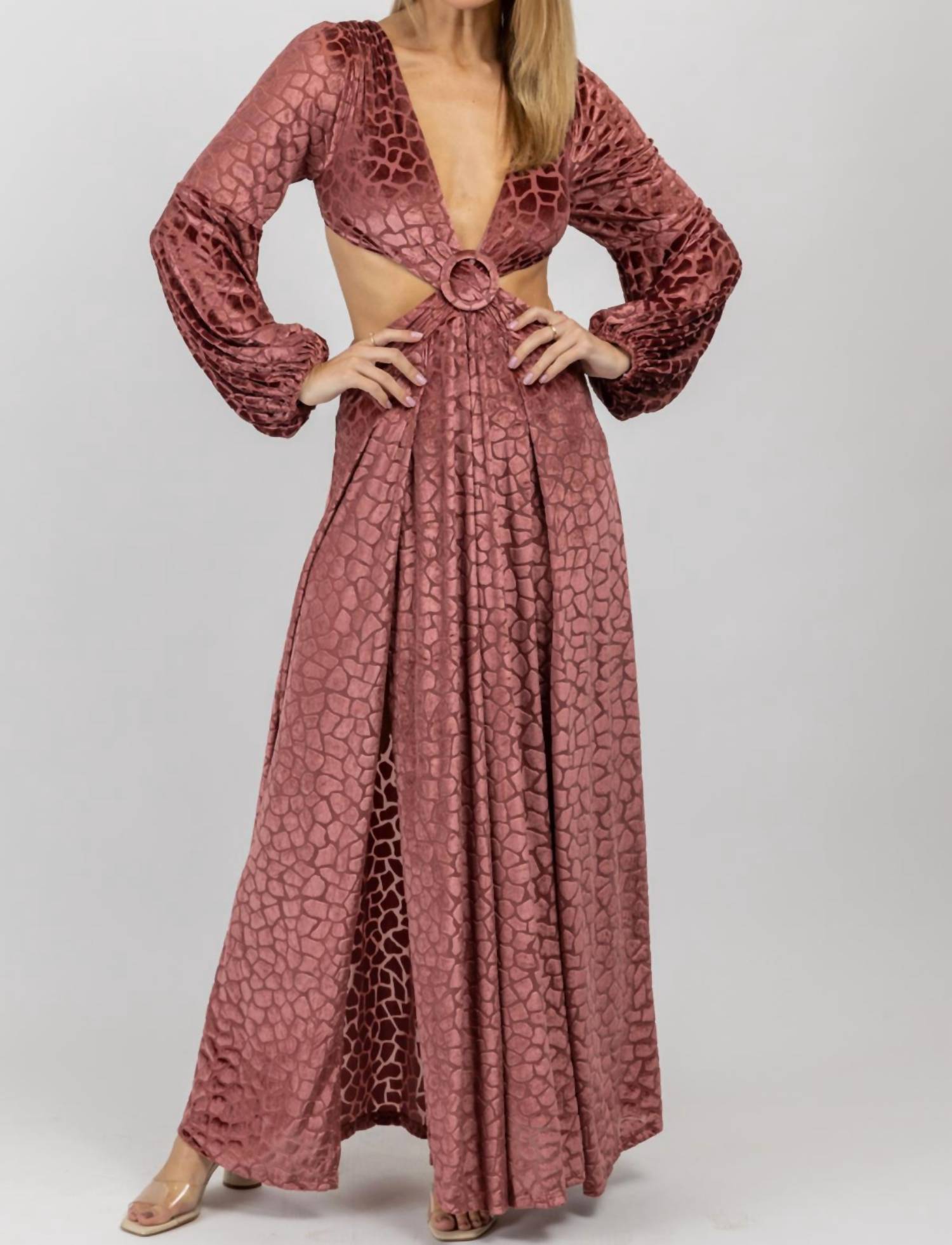 Shop Luxxel Spotted Velvet Maxi Slit Dress In Mauve In Brown