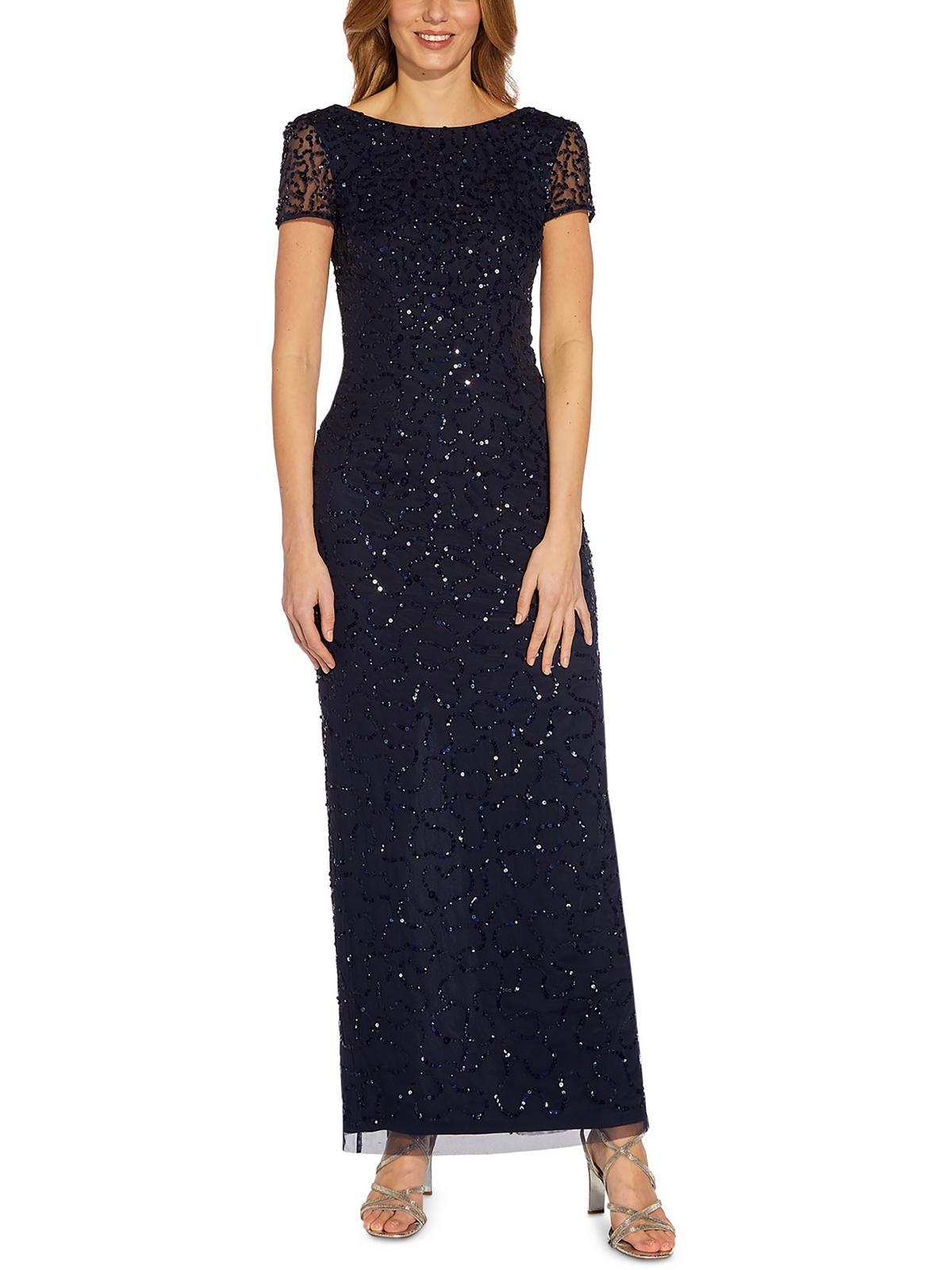 Shop Adrianna Papell Womens Sequined Long Evening Dress In Blue