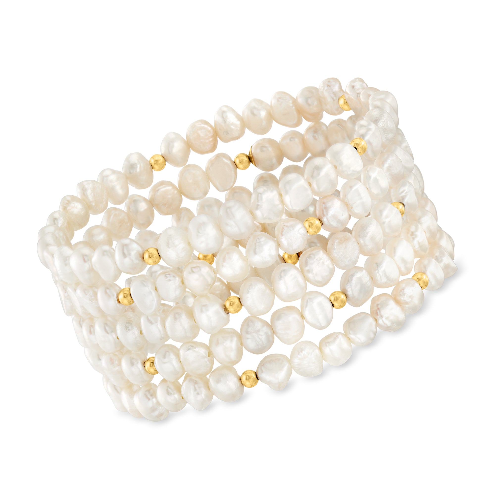 Shop Ross-simons 3-7mm Cultured Pearl Jewelry Set: 5 Stretch Bracelets With 14kt Yellow Gold In Silver