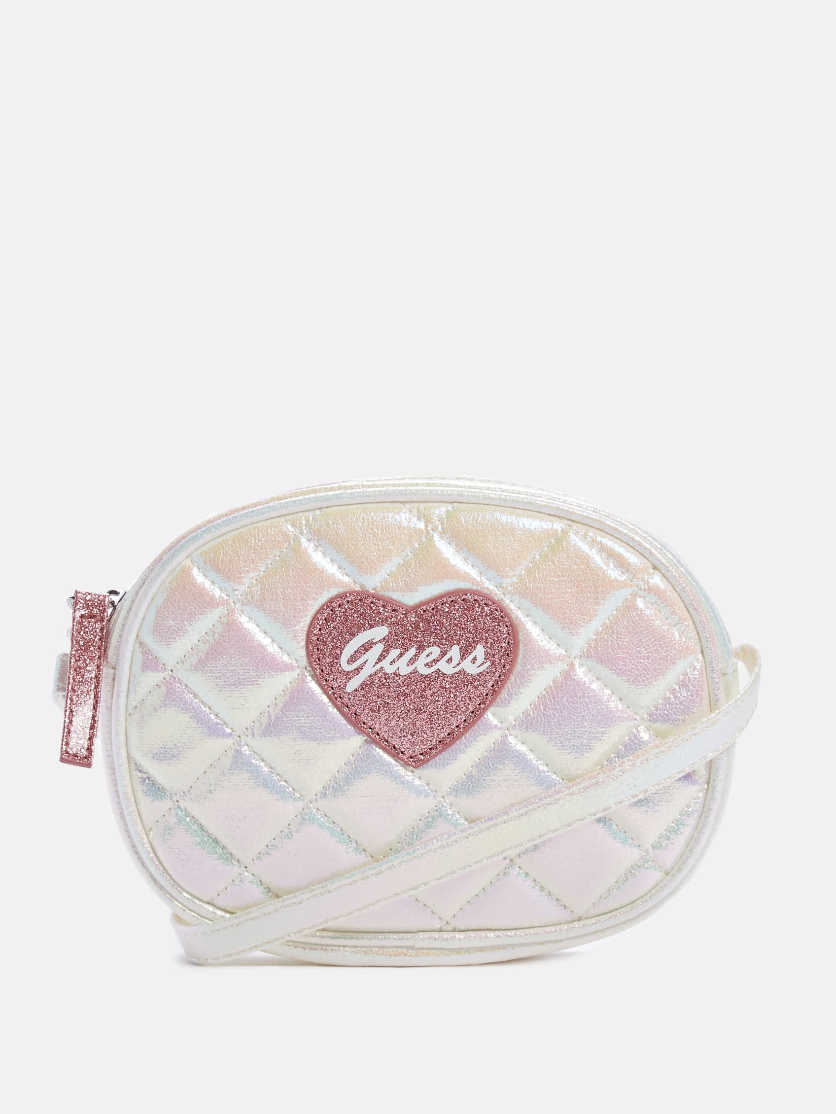 Guess Factory Quilted Iridescent Heart Logo Crossbody In Blue