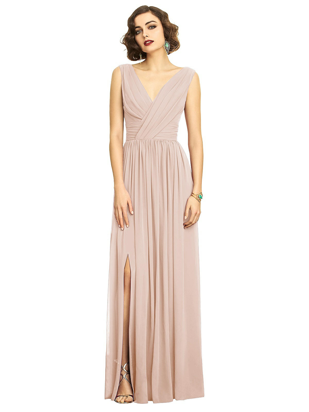 Shop Dessy Collection Sleeveless Draped Chiffon Maxi Dress With Front Slit In Beige