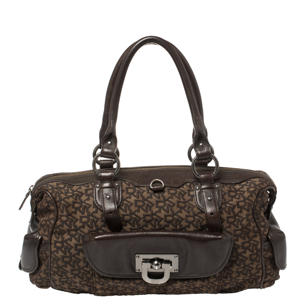 Shop Dkny Signature Canvas And Leather Front Pocket Satchel In Brown