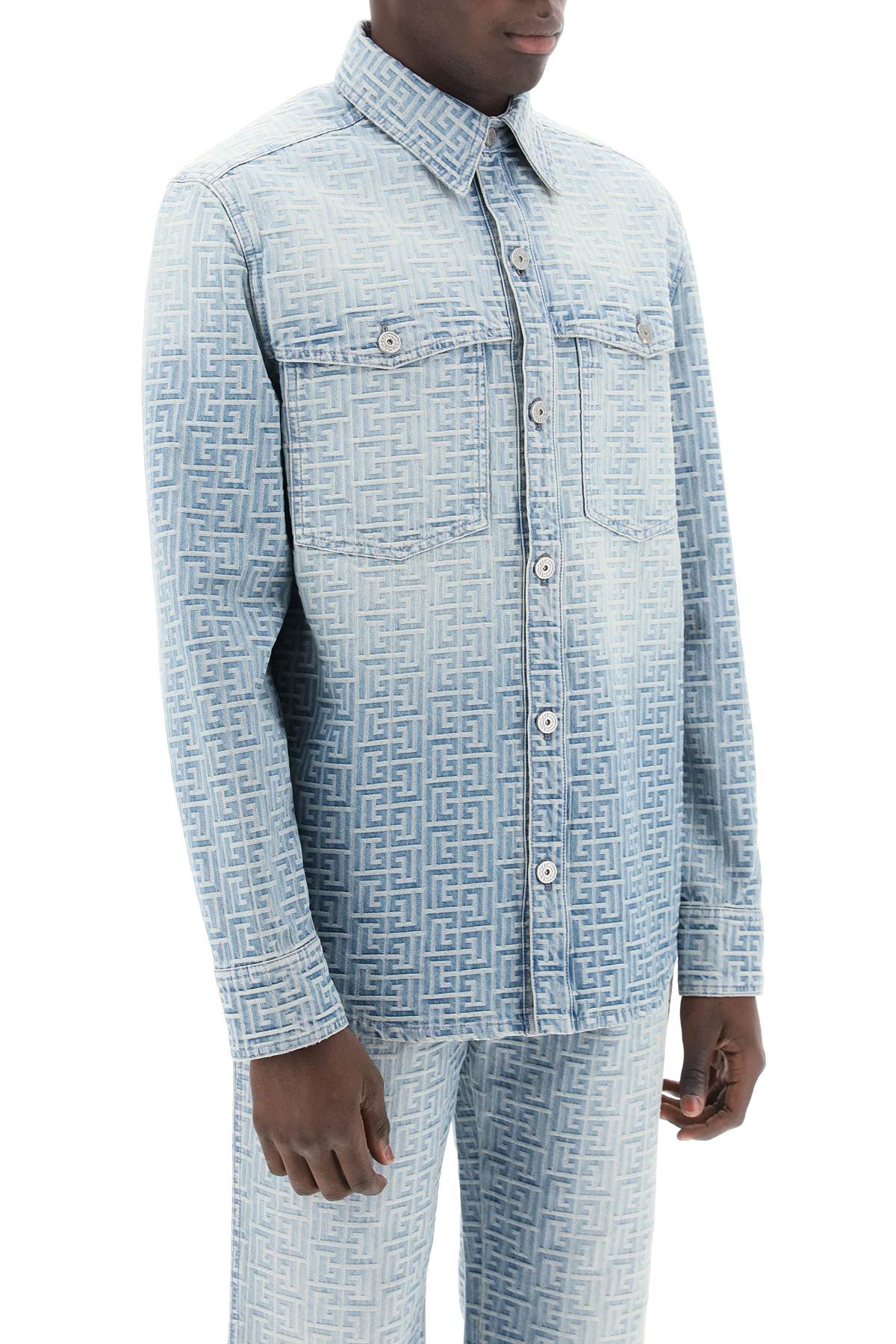 Balmain Monogram Denim Overshirt In Multi