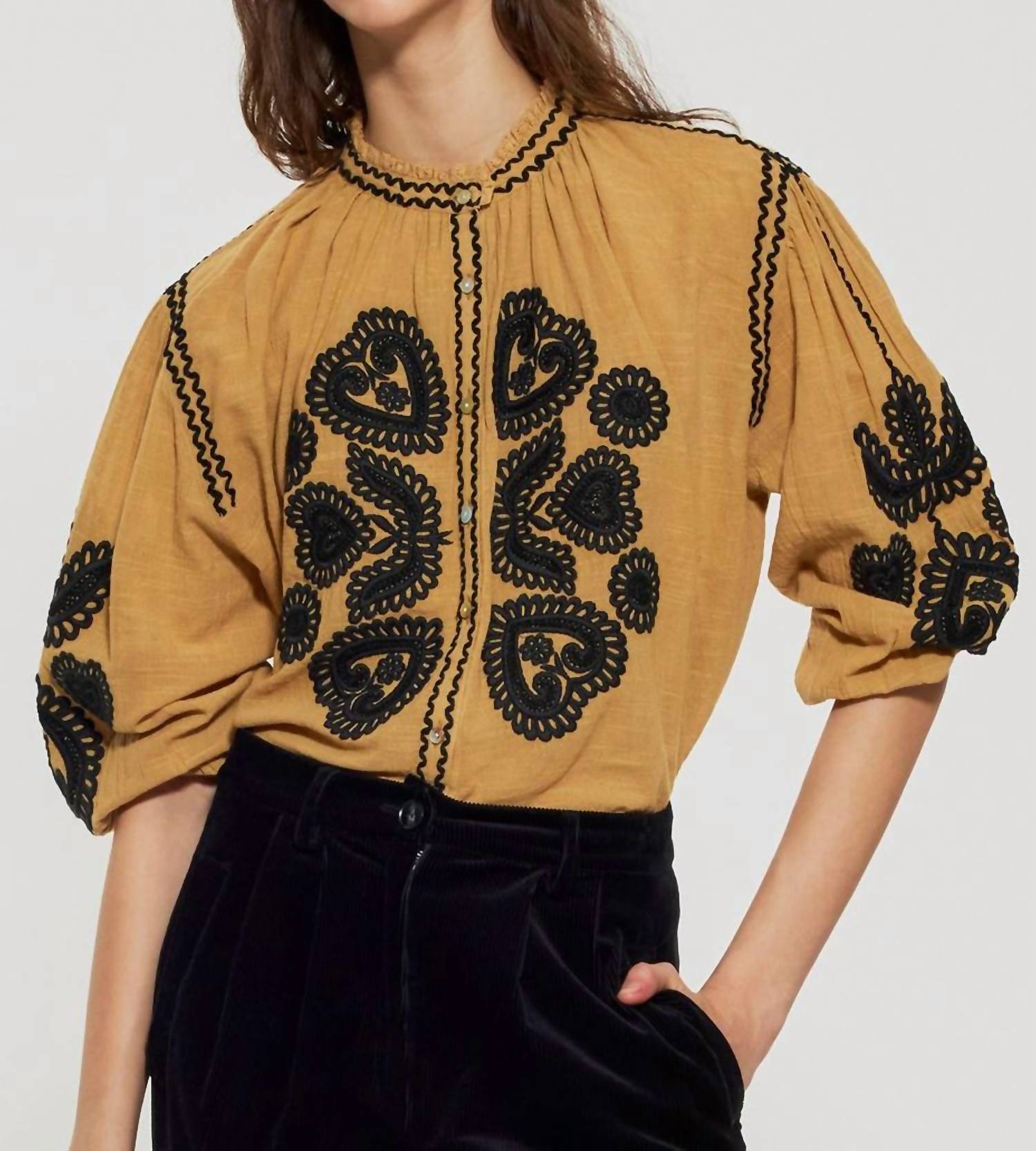 Shop Antik Batik Robby Embroidered Blouse In Camel In Yellow
