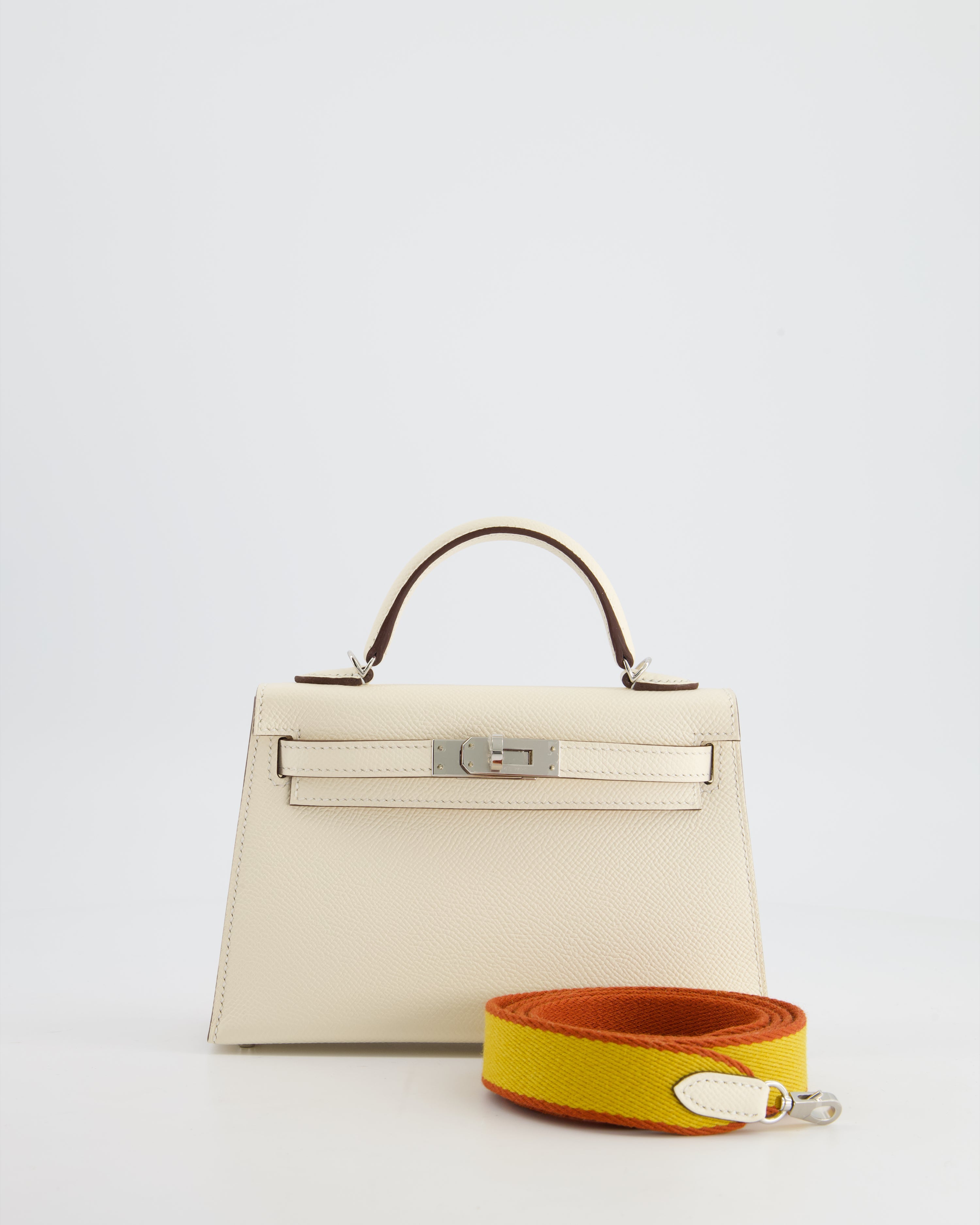 Hermes Mini Kelly Ii Sellier 20cm In Nata Epsom Leather With Palladium Hardware & Fabric Strap In Jaune & A In Neutral