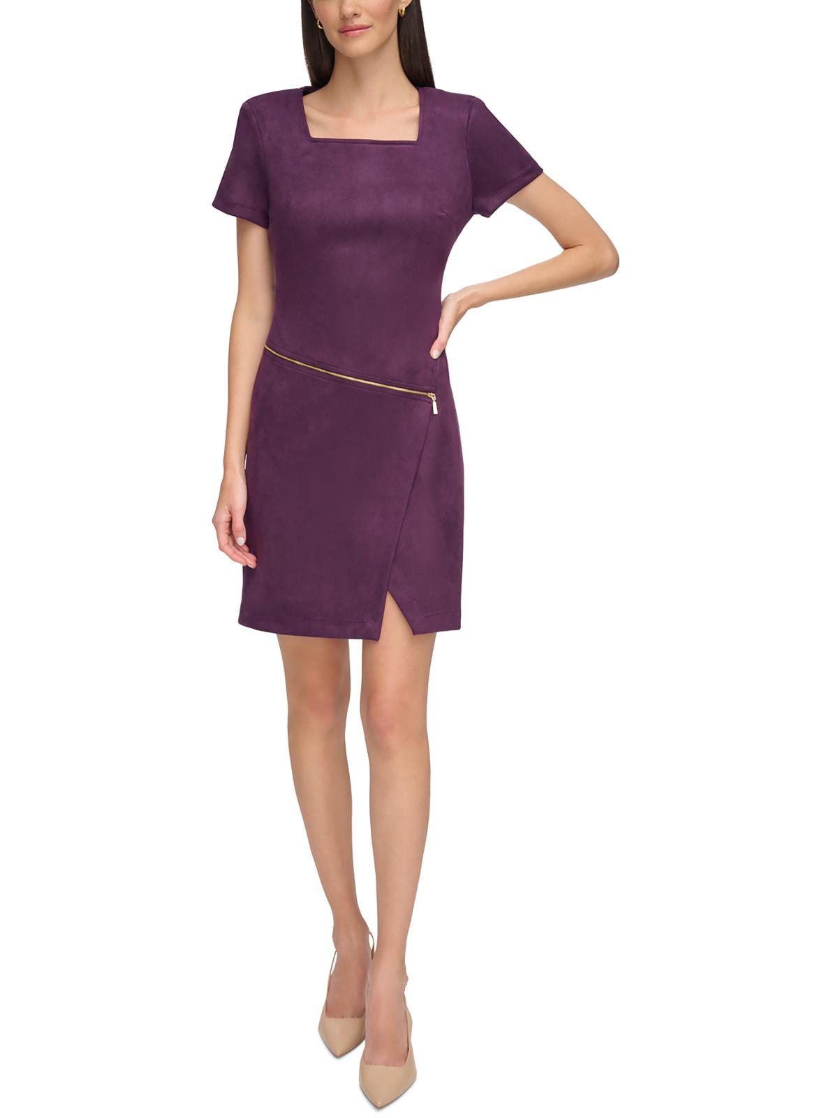 Calvin Klein Petites Womens Faux Suede Mini Sheath Dress In Purple