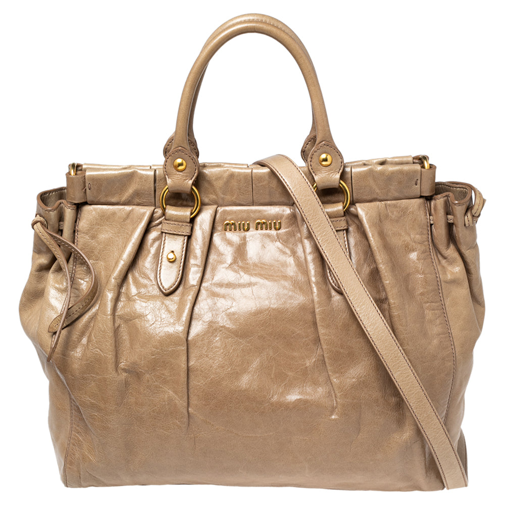 image of Miu Miu Beige Leather Gathered Tote