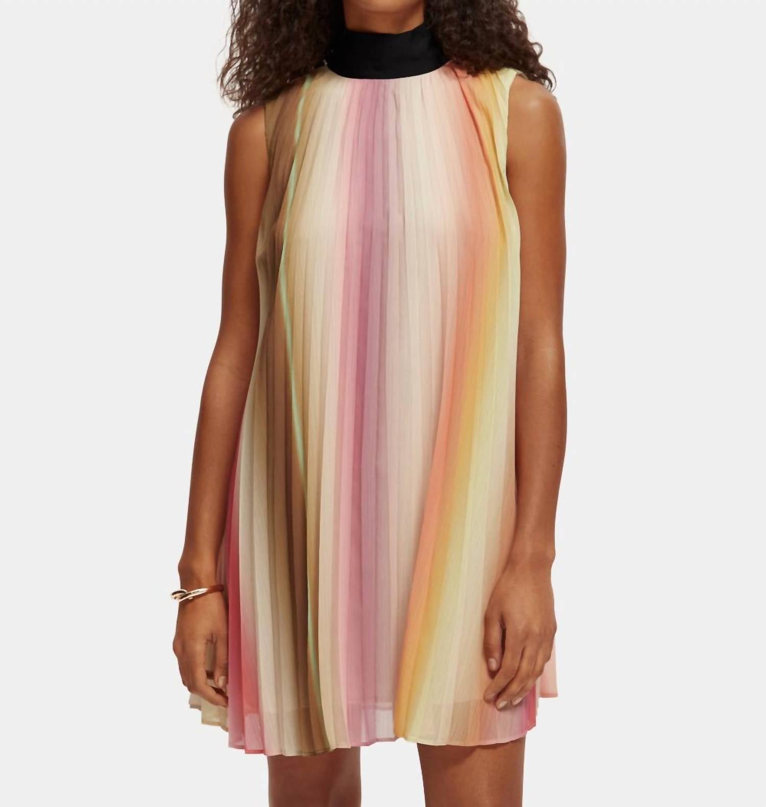 Scotch & Soda Bow Pleated Mini Dress In Rainbow Ombre In Multi