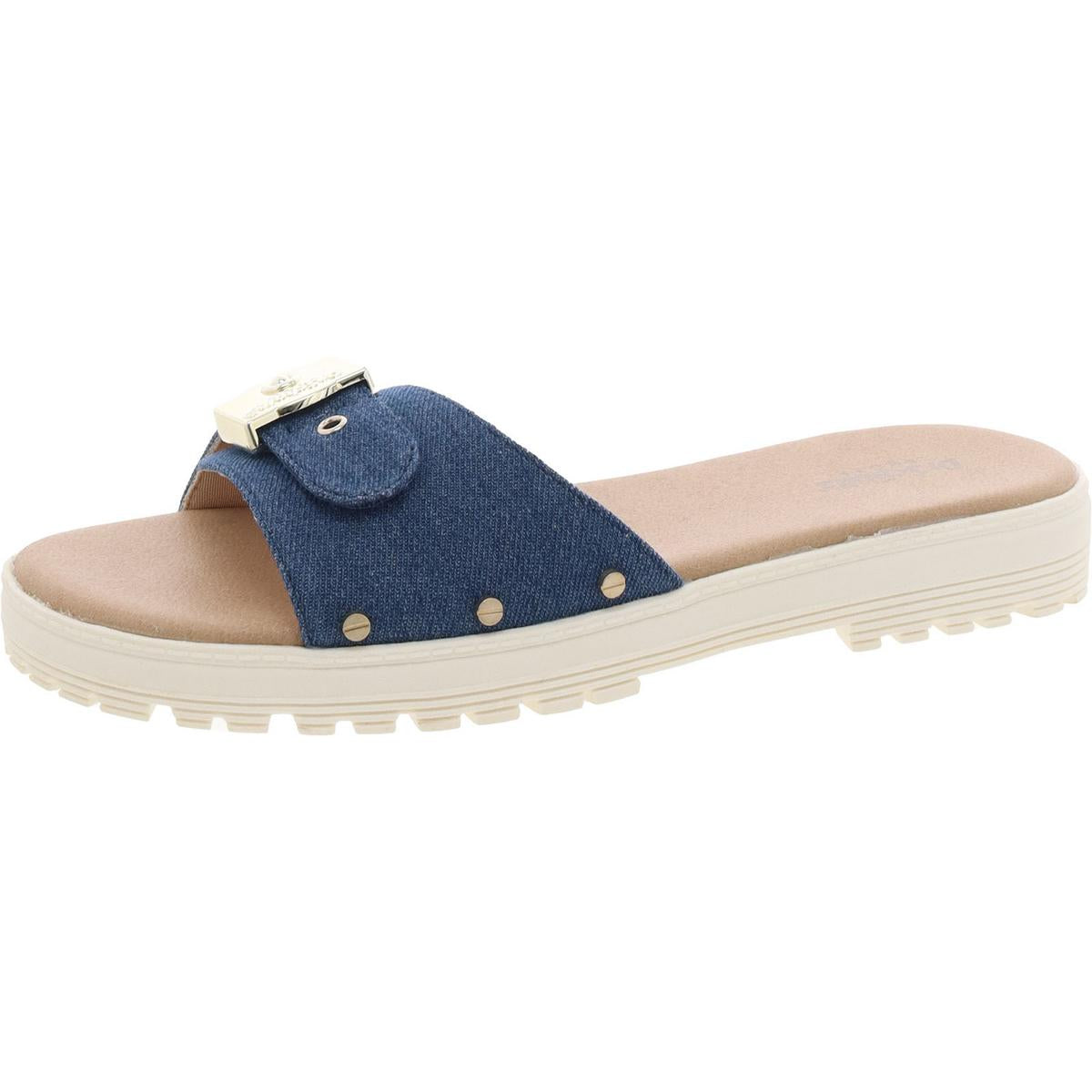 Shop Dr. Scholl's Shoes Think Iconic Womens Faux Leather Slip On Slide Sandals In Blue