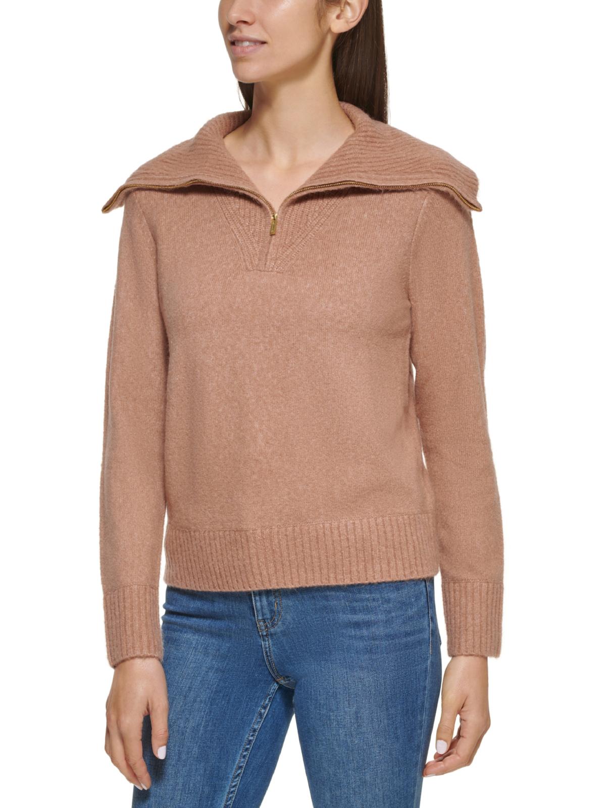 Shop Calvin Klein Womens Quarter Zipper Ribbed Trim Pullover Sweater In Beige
