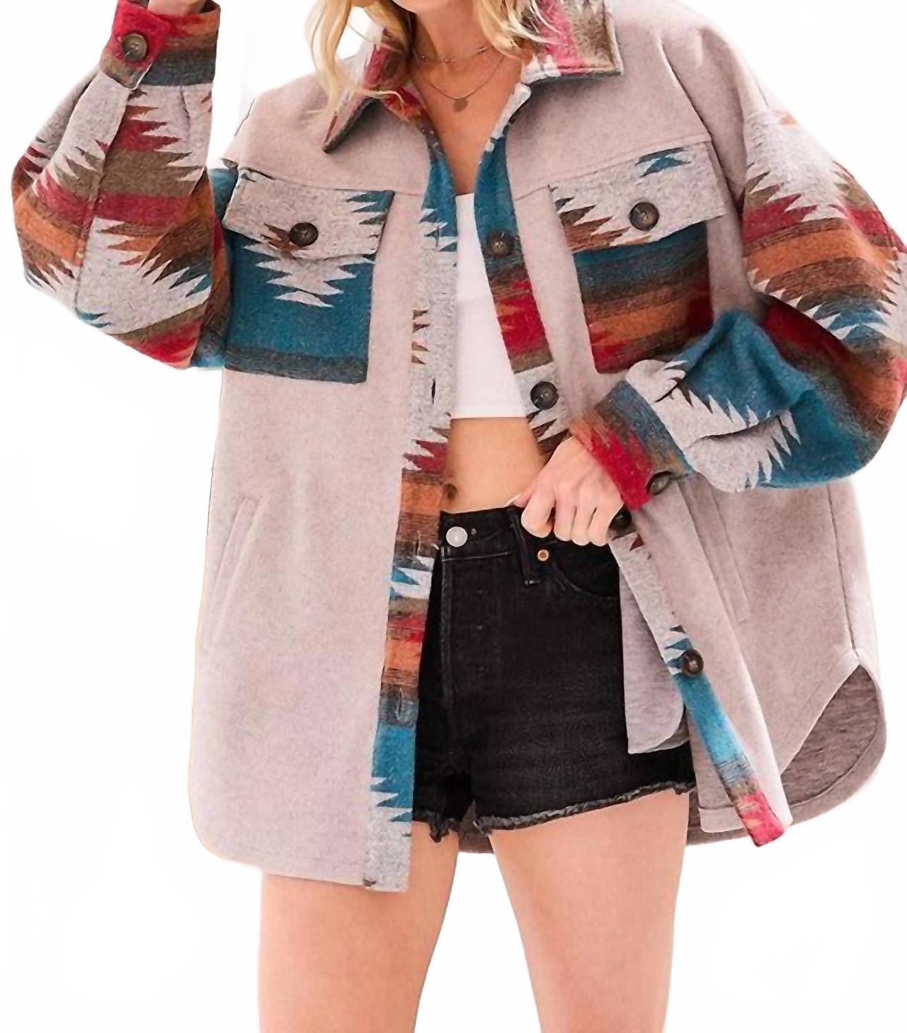 La Miel Solid Oversized Shacket Jacket In Aztec Print In Multi