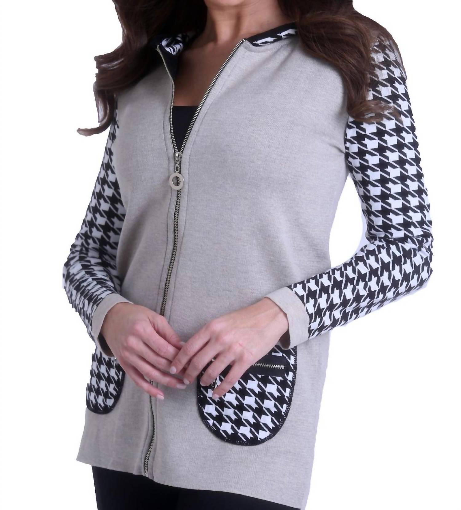 Shop Angel Houndstooth Cardigan In Stone/black In Grey