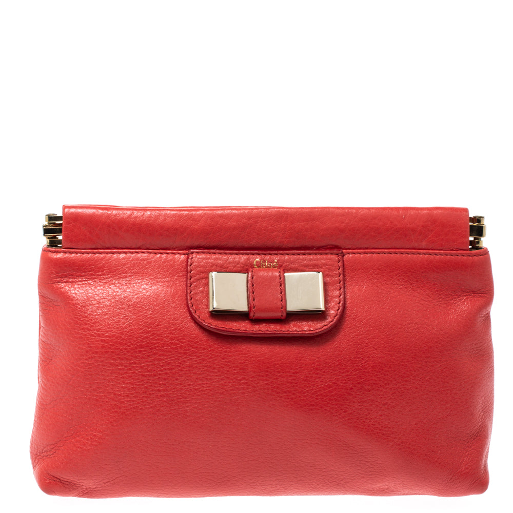 Chloé Coral Leather Bow Clutch In Orange