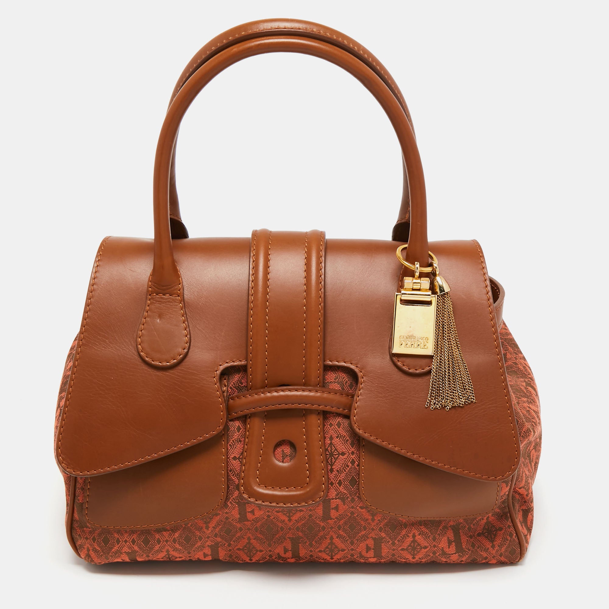 Shop Gianfranco Ferre Jacquard Fabric And Leather Flap Satchel In Brown