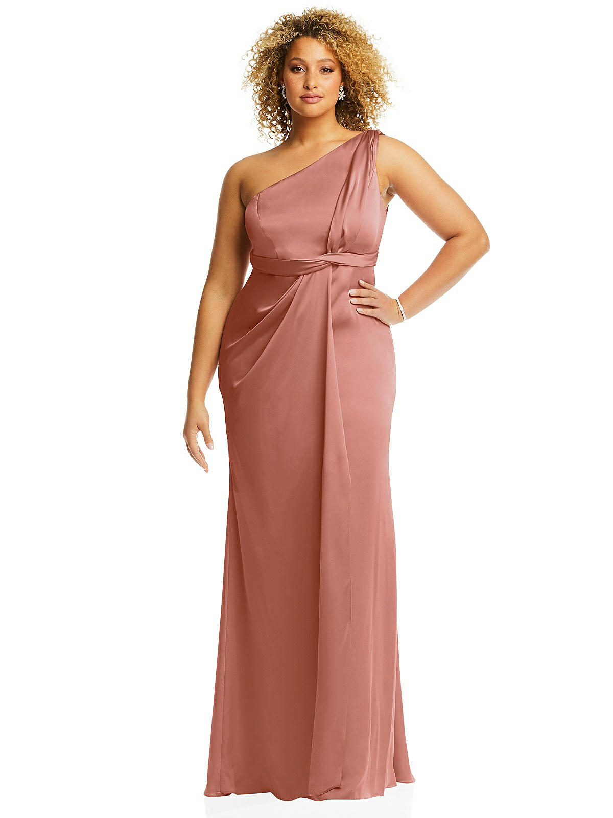 Shop Dessy Collection One-shoulder Draped Twist Empire Waist Trumpet Gown In Pink