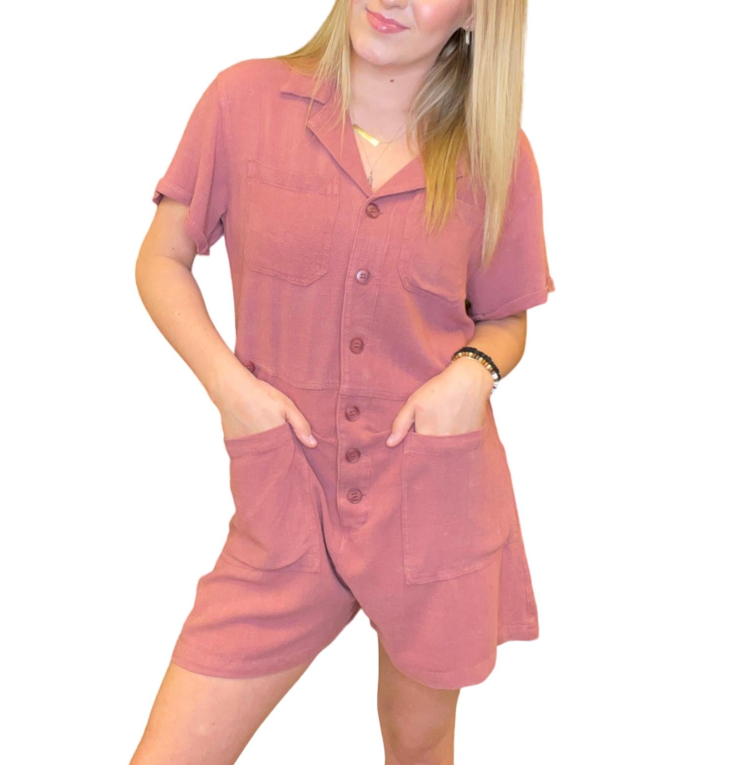 Easel Piper Short Sleeve Rompers In Crimson In Pink