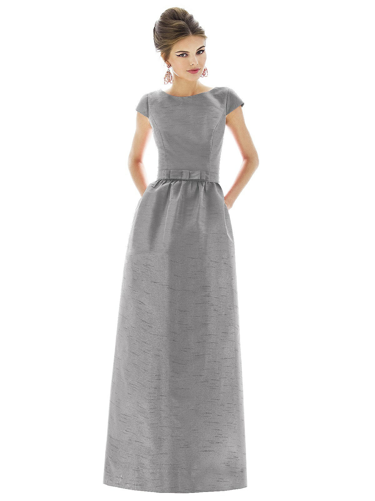 Shop Alfred Sung Cap Sleeve V-back Maxi Dress With Pockets In Grey