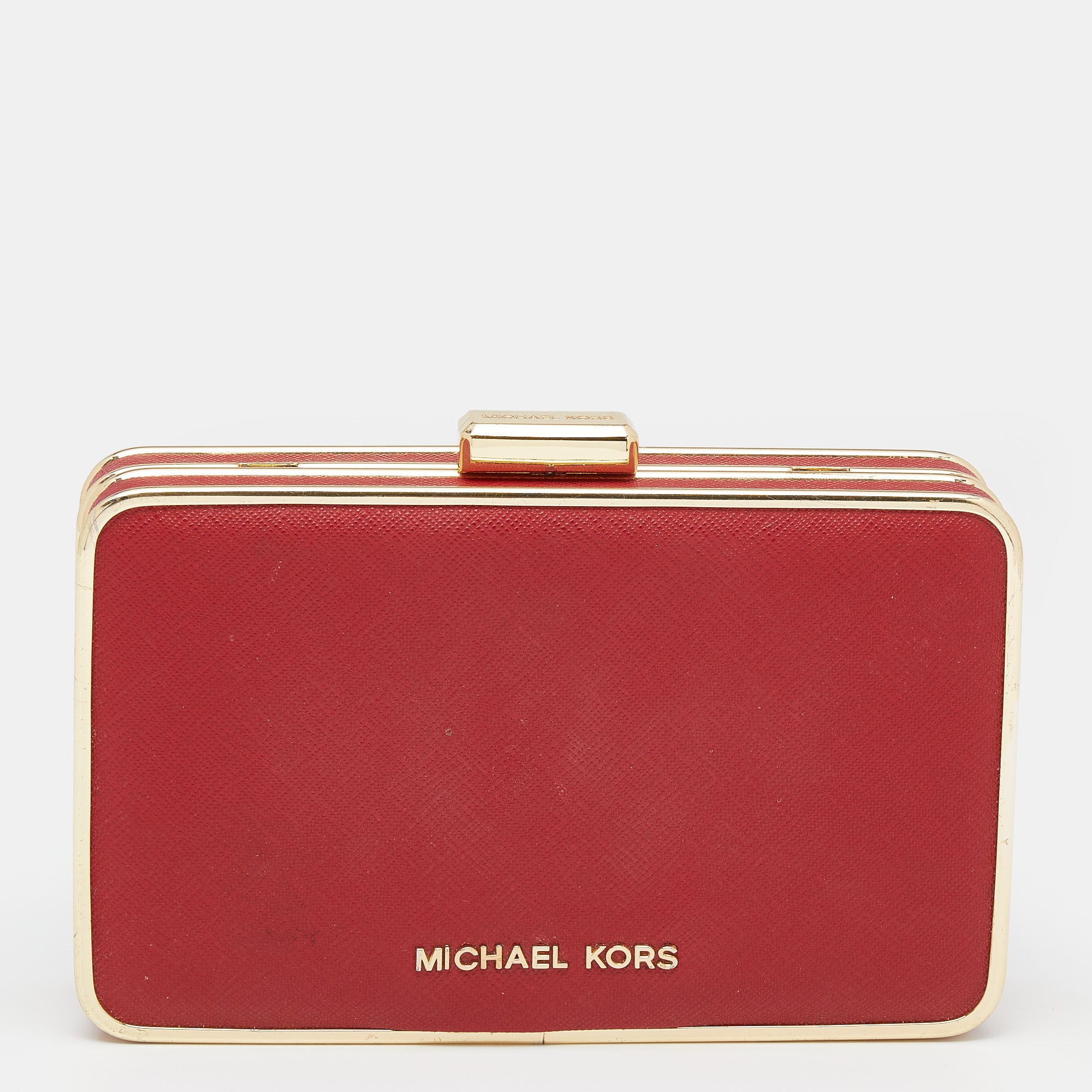 Shop Michael Kors Saffiano Leather Minaudiere Clutch In Red