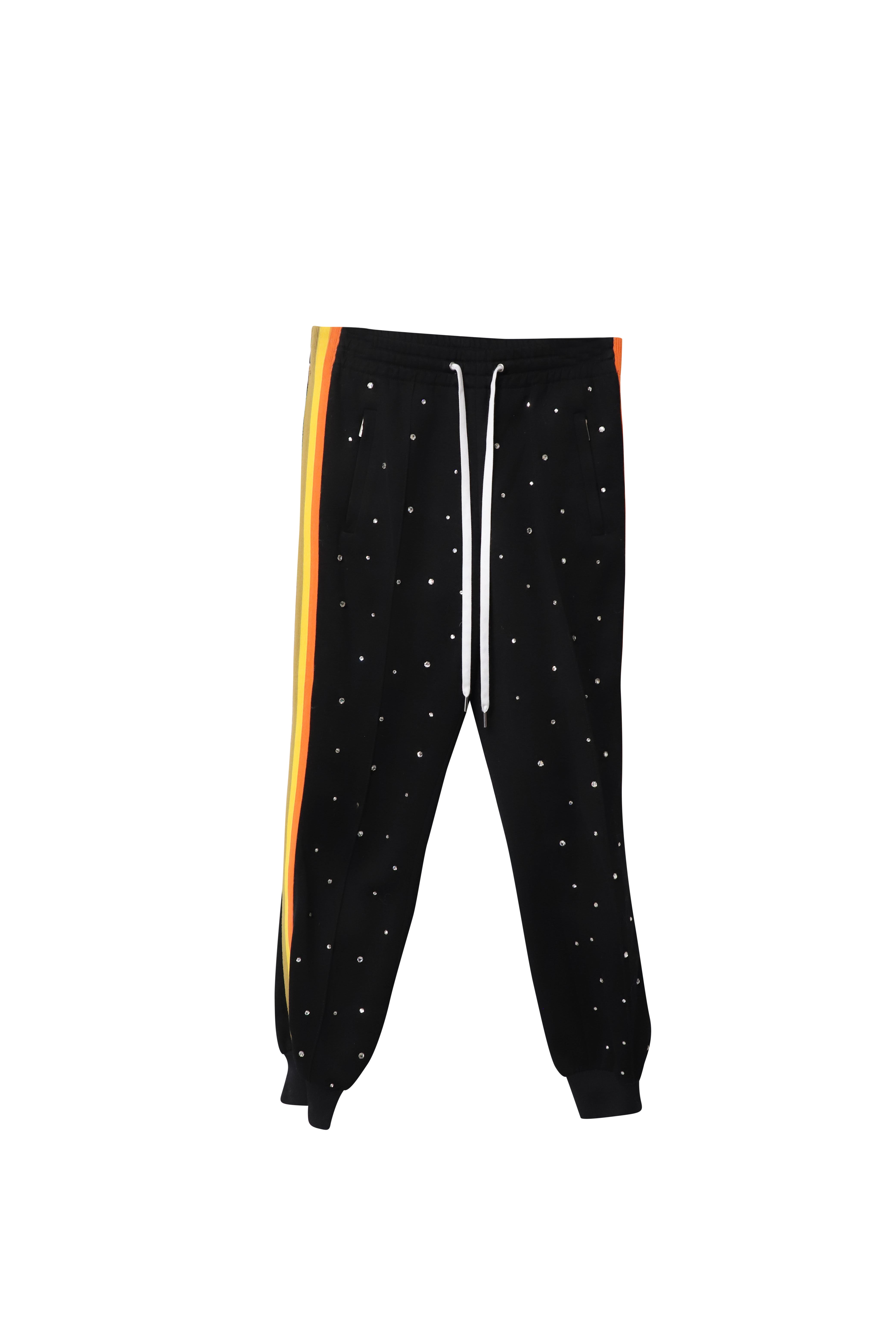 image of Miu Miu Embellished Crystal Track Pants in Black Cotton